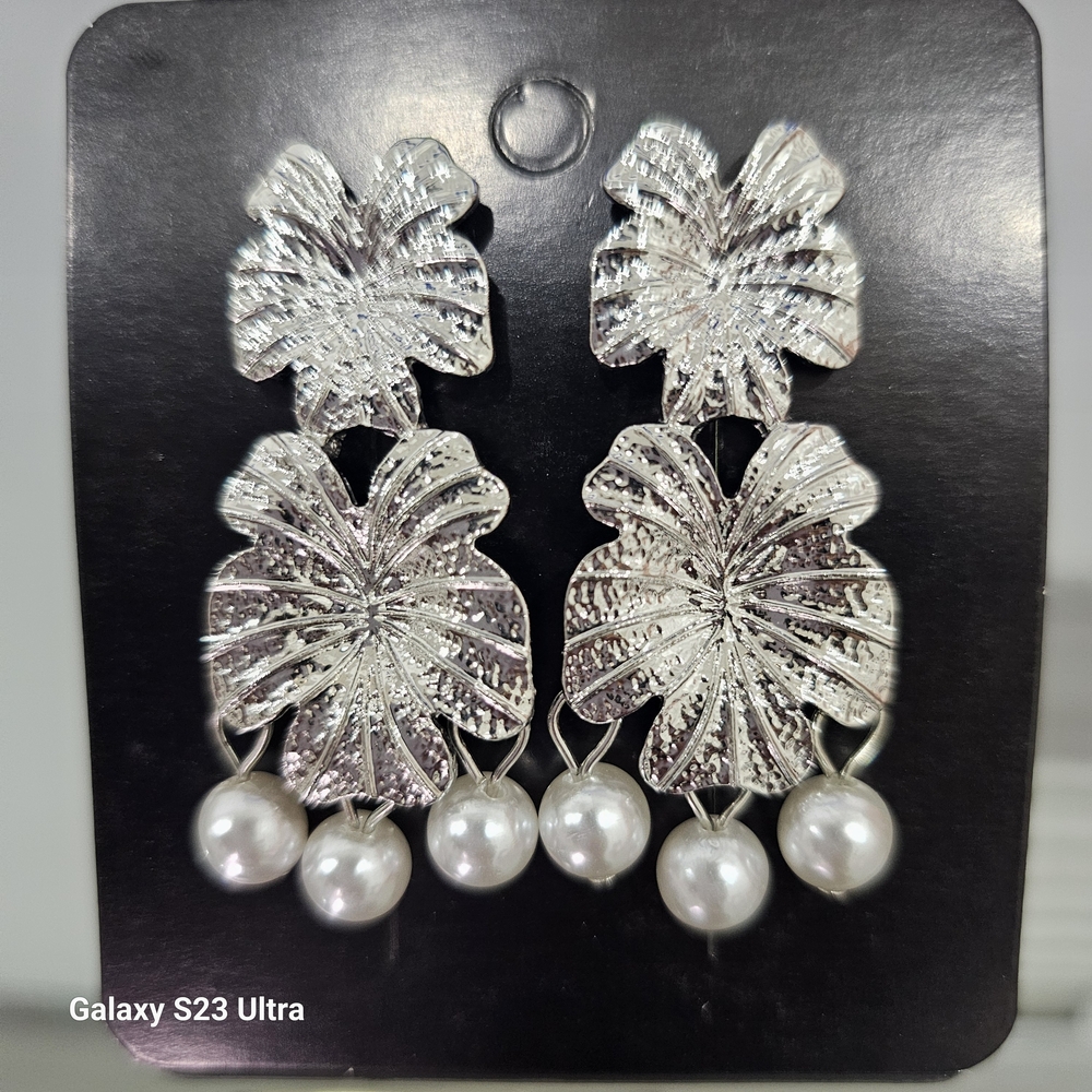 Silver Leaf Earrings with Pearl Accents